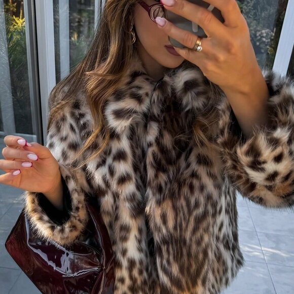 Brown Women's Elegant Leopard Print Faux fur  Side Pockets Coat - Picture 5 of 9